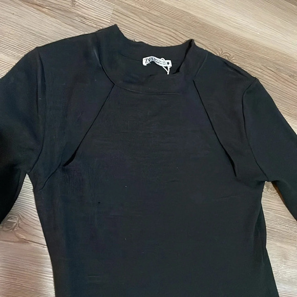 Zara knit midi dress Front cutouts Long sleeved Black Size S NWT Stretchy Sleek - Picture 4 of 12